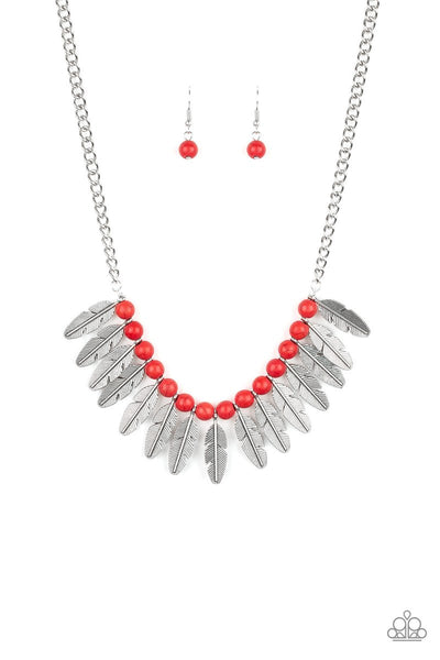 Desert Plumes Red Stone Silver Feathers Necklace