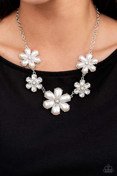 Fiercely Flowering - White Rhinestone Necklace